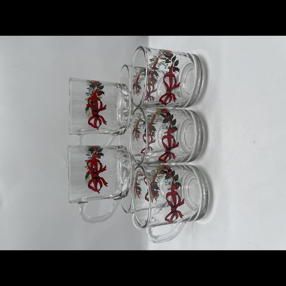 Vintage Glass Holiday Mugs Set with Festive Red Ribbons